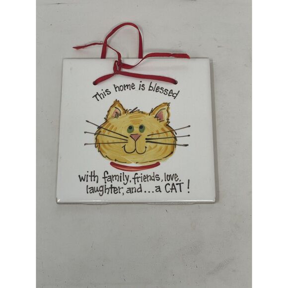 Vintage Cat Tile Blessed House Kitty Wall Plaque Ceramic Art 4"x4" Humor Trinket - Picture 4 of 5